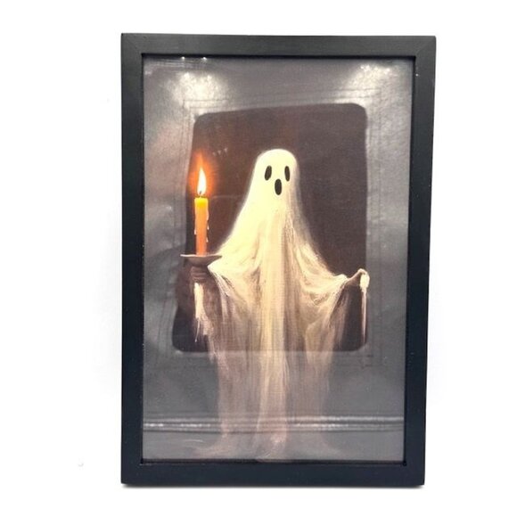 Vintage-Inspired Ghost With Candle Framed Wall Art 8"x12" Black Frame Halloween - Picture 2 of 3